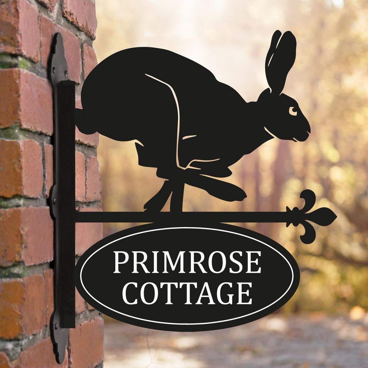 Running Hare Iron Bracketed House Name Sign on Brick Wall 
