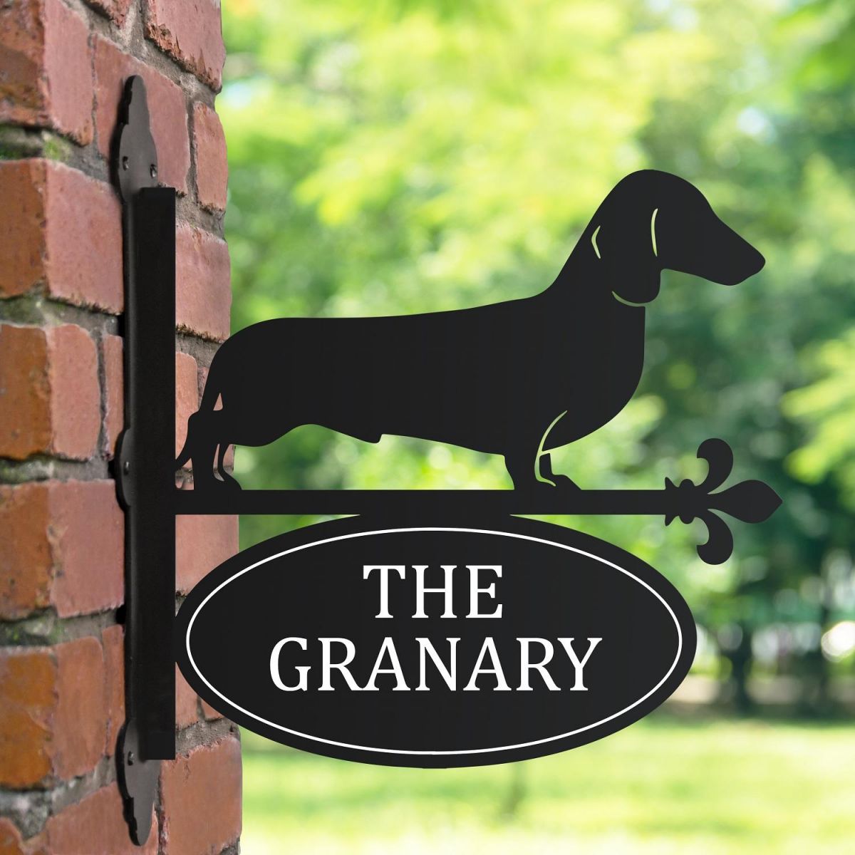 Dachshund Iron Bracketed House Name Sign on Wall 