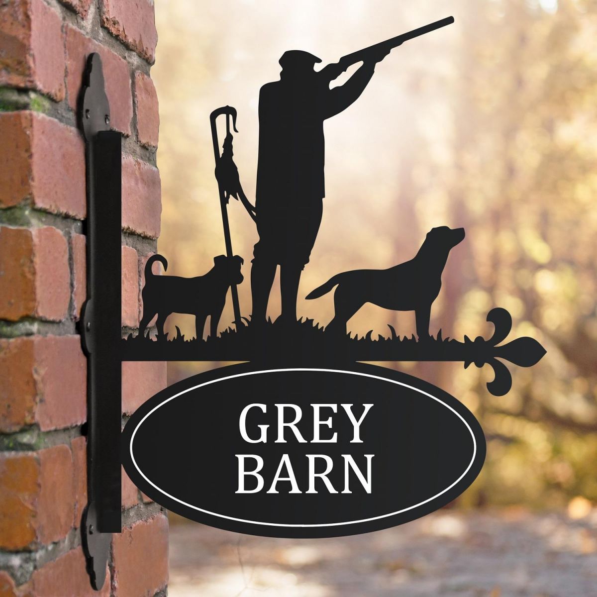 Black "Game Season" Jack Russel & Labrador Iron Bracketed House Name Sign 