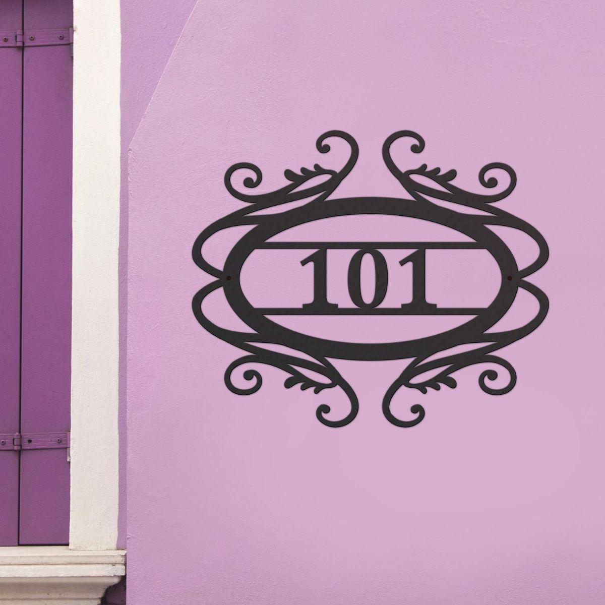Victorian Scroll House Number Sign on Pink Wall 