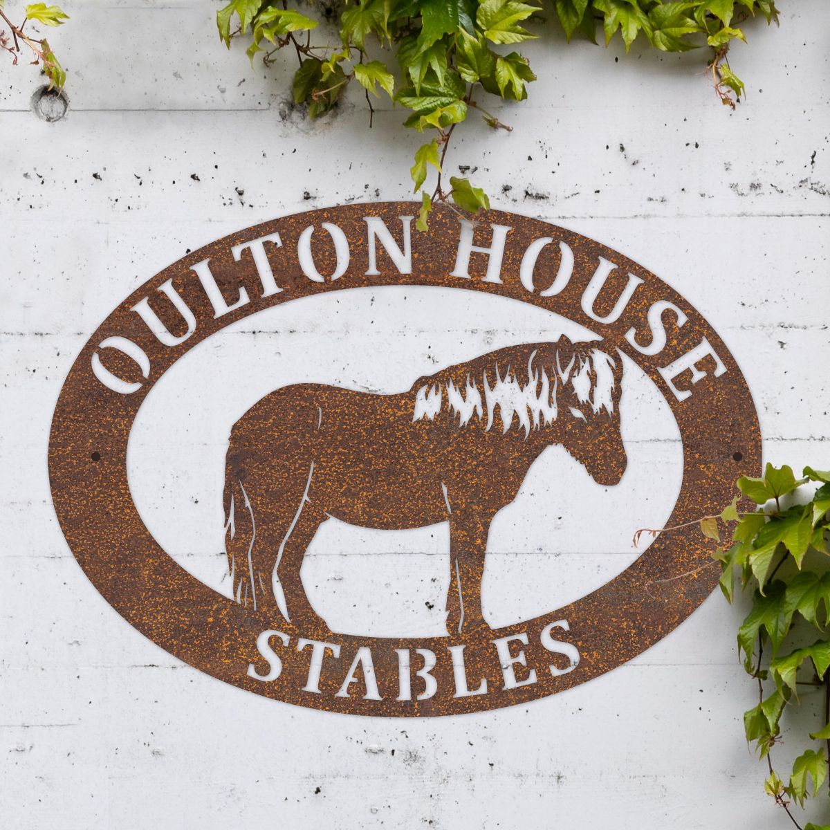 Shetland Pony Iron Oval House Sign on a White Wall