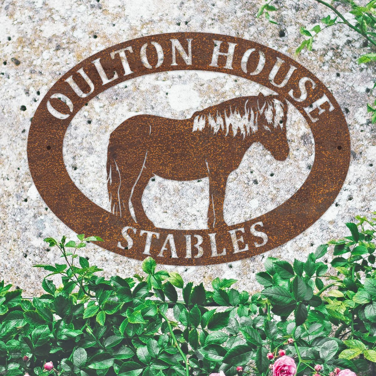 Shetland Pony Iron Oval House Sign on a Stone Wall