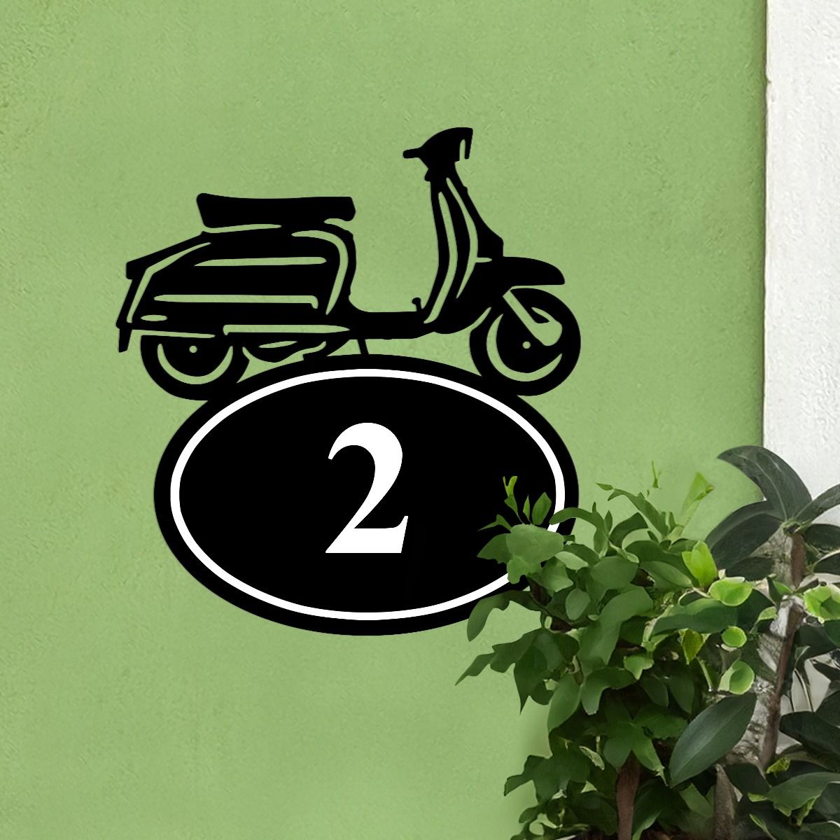 Lambretta Scooter House Number Sign On Green Wall