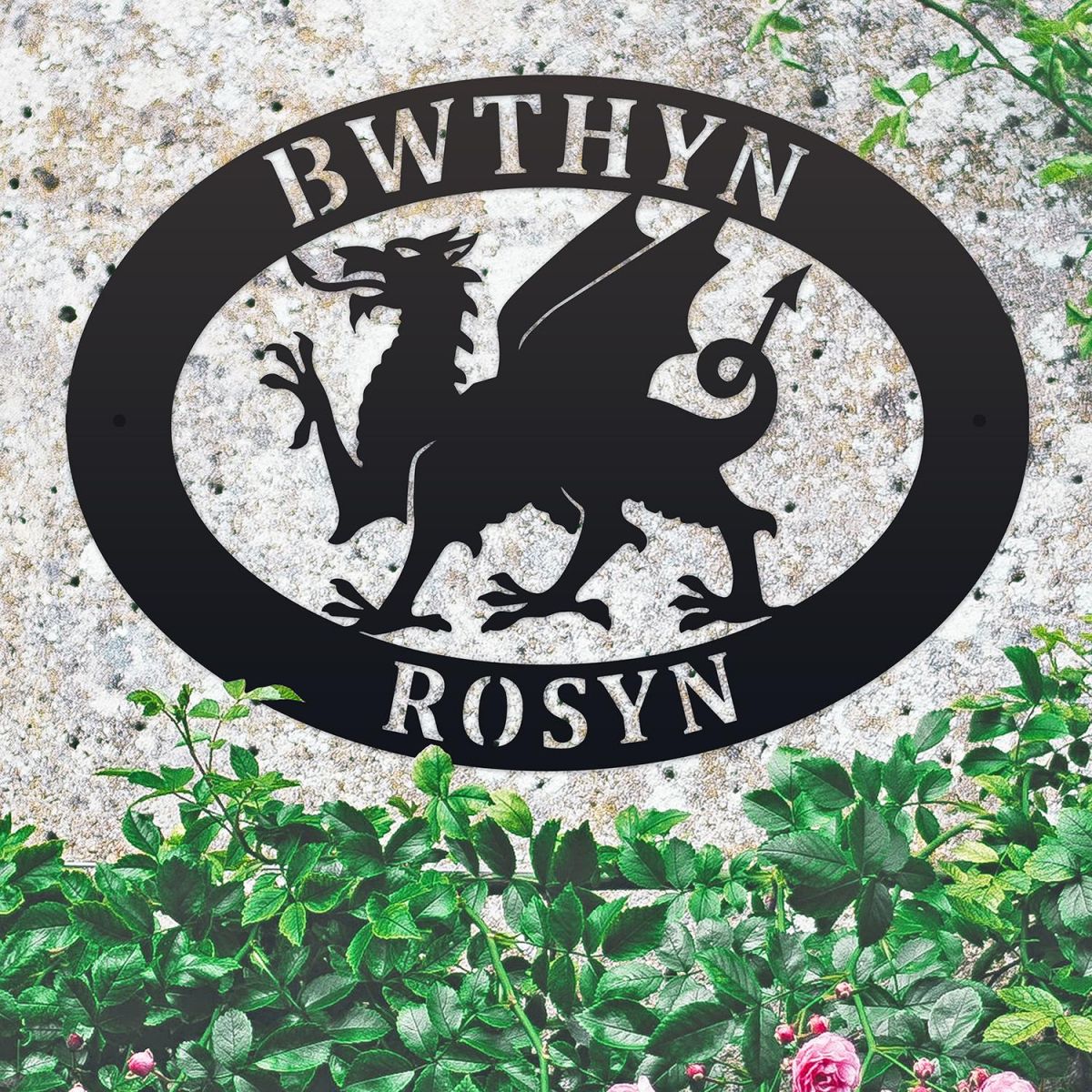 Welsh Dragon Iron Oval House Sign on a Stone Wall