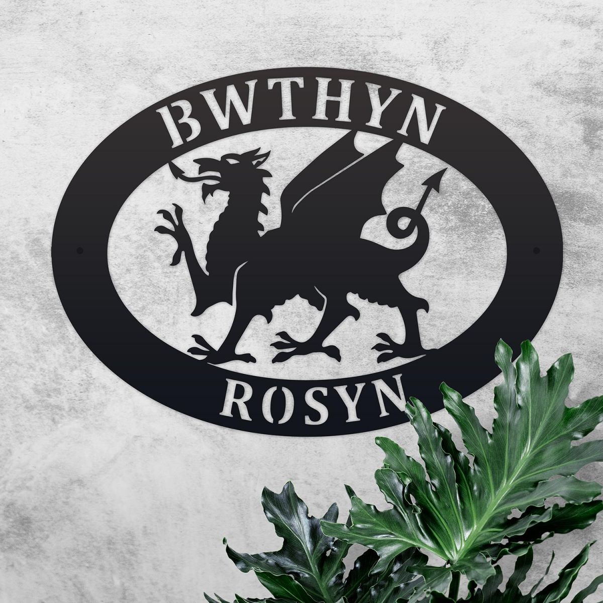 Welsh Dragon Iron Oval House Sign in Use Outdoors