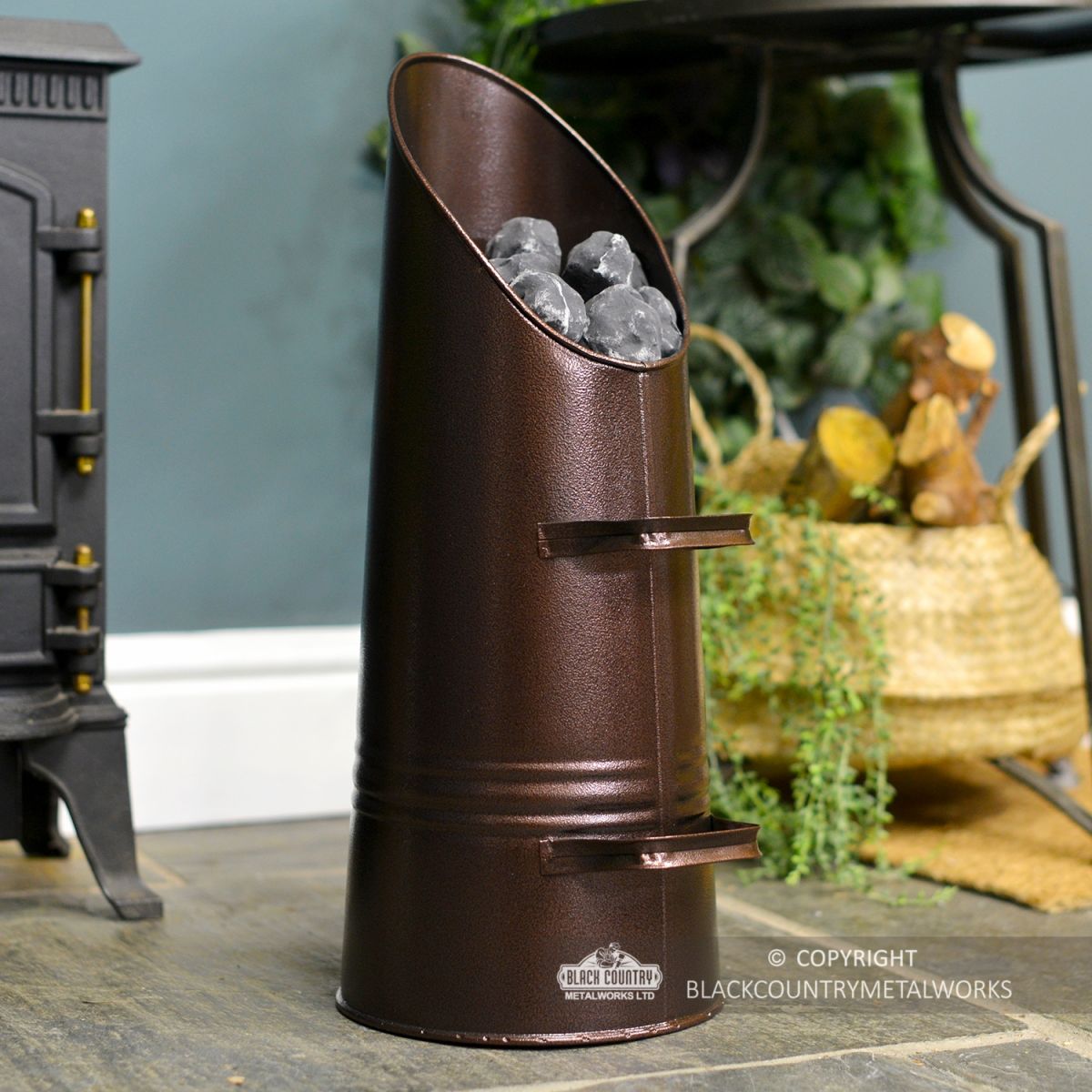 Sleek Copper Bronze Finish Hod in Situ Next to the Fire