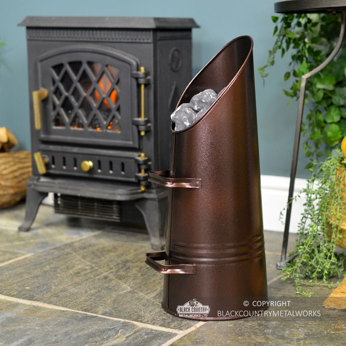 Copper Bronze Finish Coal hod in Situ Next to the Fireplace