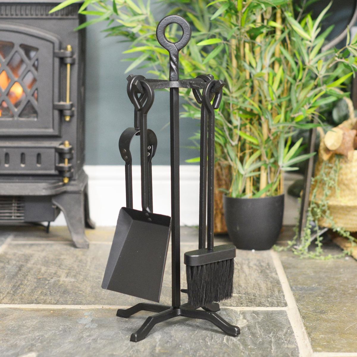 Traditional Black Iron Fireside Tool with Stand 54cm
