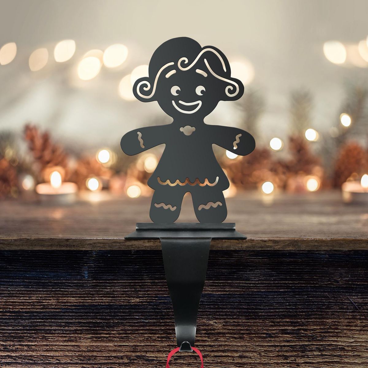 Gingerbread Woman Stocking Holder in Situ with Fairy Lights