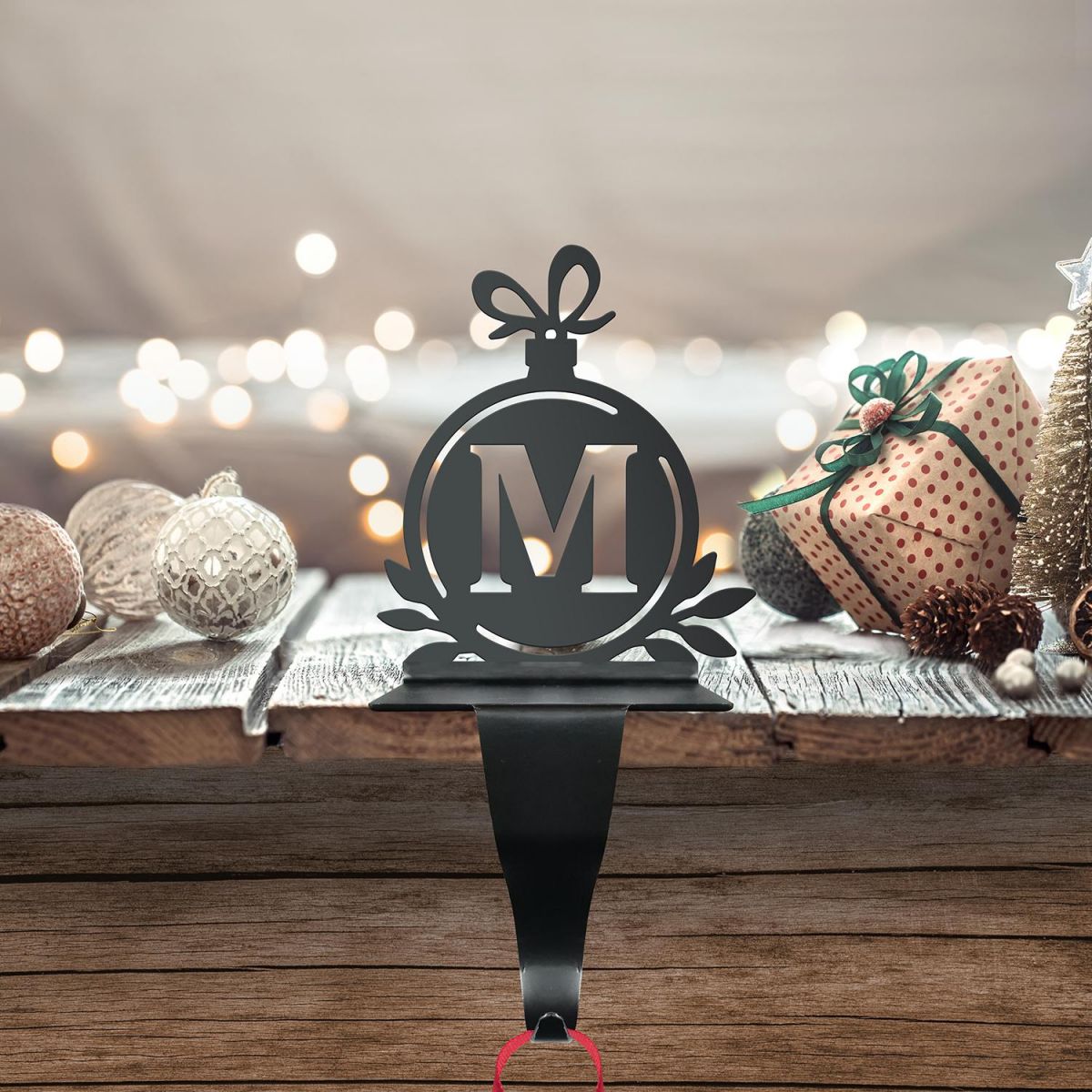 Letter M Stocking Holder in Situ on a Mantel Piece  Letter M Stocking Holder in Situ on a Mantel Piece