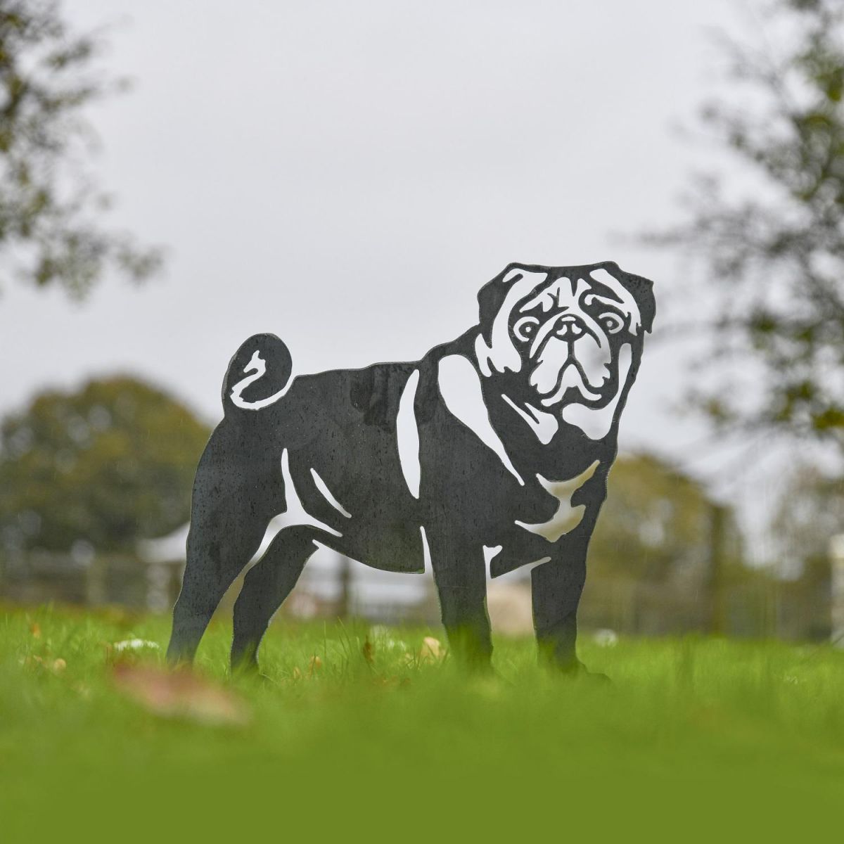 Unfinished Metal Pug Silhouette in Garden