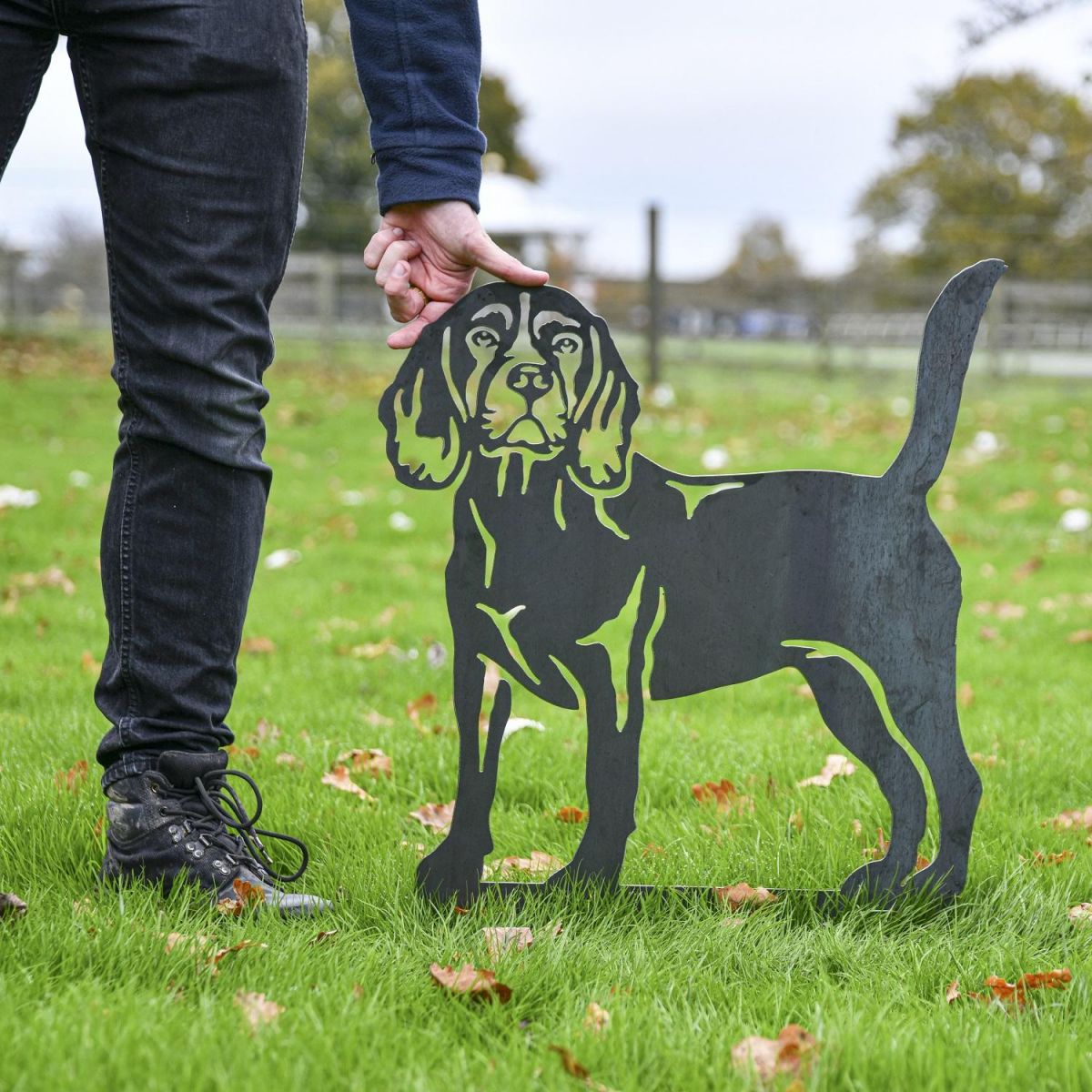 Beagle Silhouette in Unfinished Metal with Male for Scale 