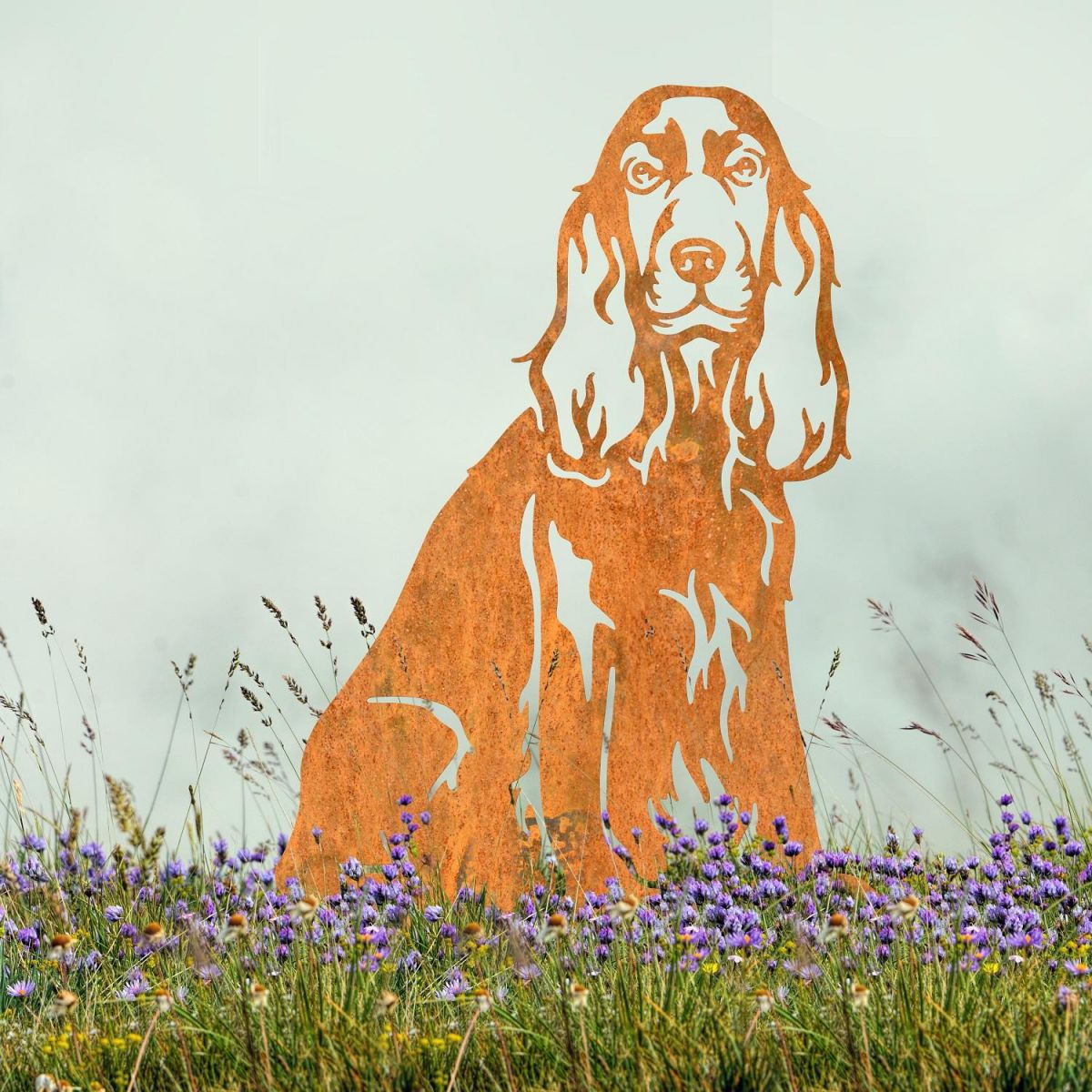 Rustic Cocker Spaniel Silhouette in Lavender Field