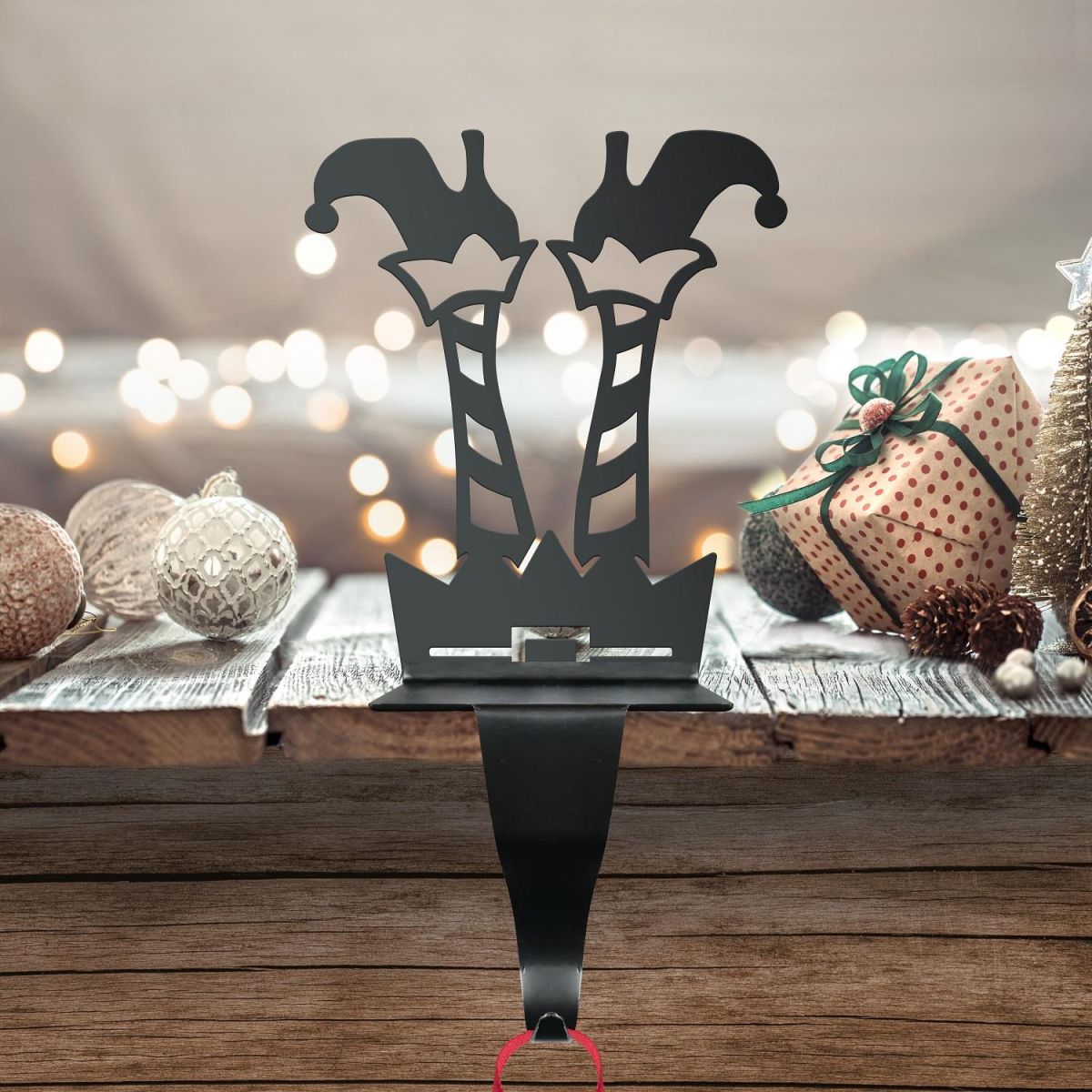 "Jolly Holly" Elf Stocking Holder on Shelf