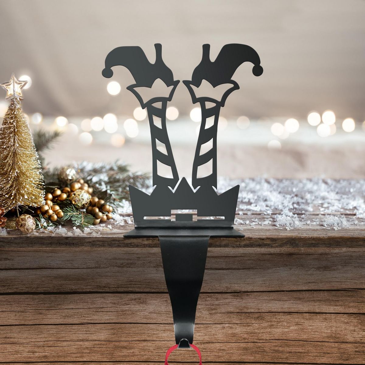 Black "Jolly Holly" Elf Stocking Holder 
