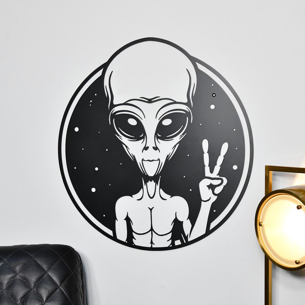 Peace Sign Alien Wall Art in Situ in the Sitting Room