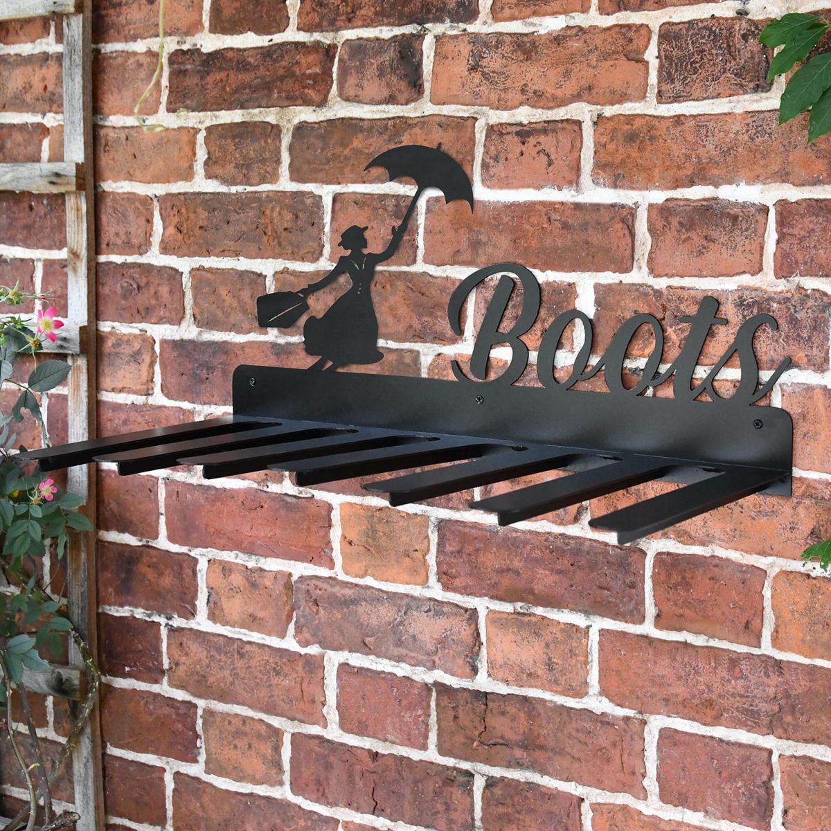 Wall Mounted Liver Bird Iron Boot Holder Mounted on a Brick Wall