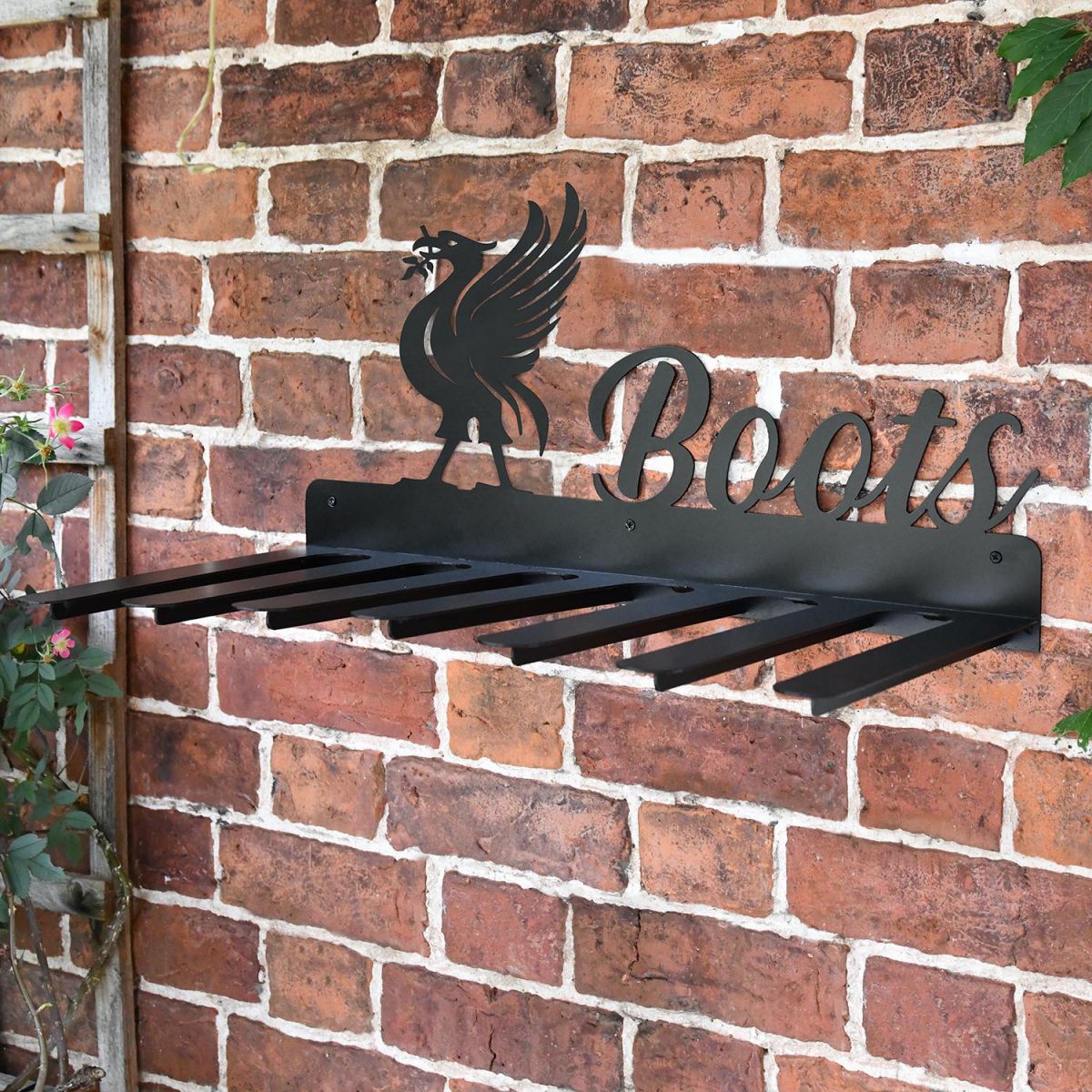 Wall Mounted Liver Bird Iron Boot Holder Mounted on a Brick Wall