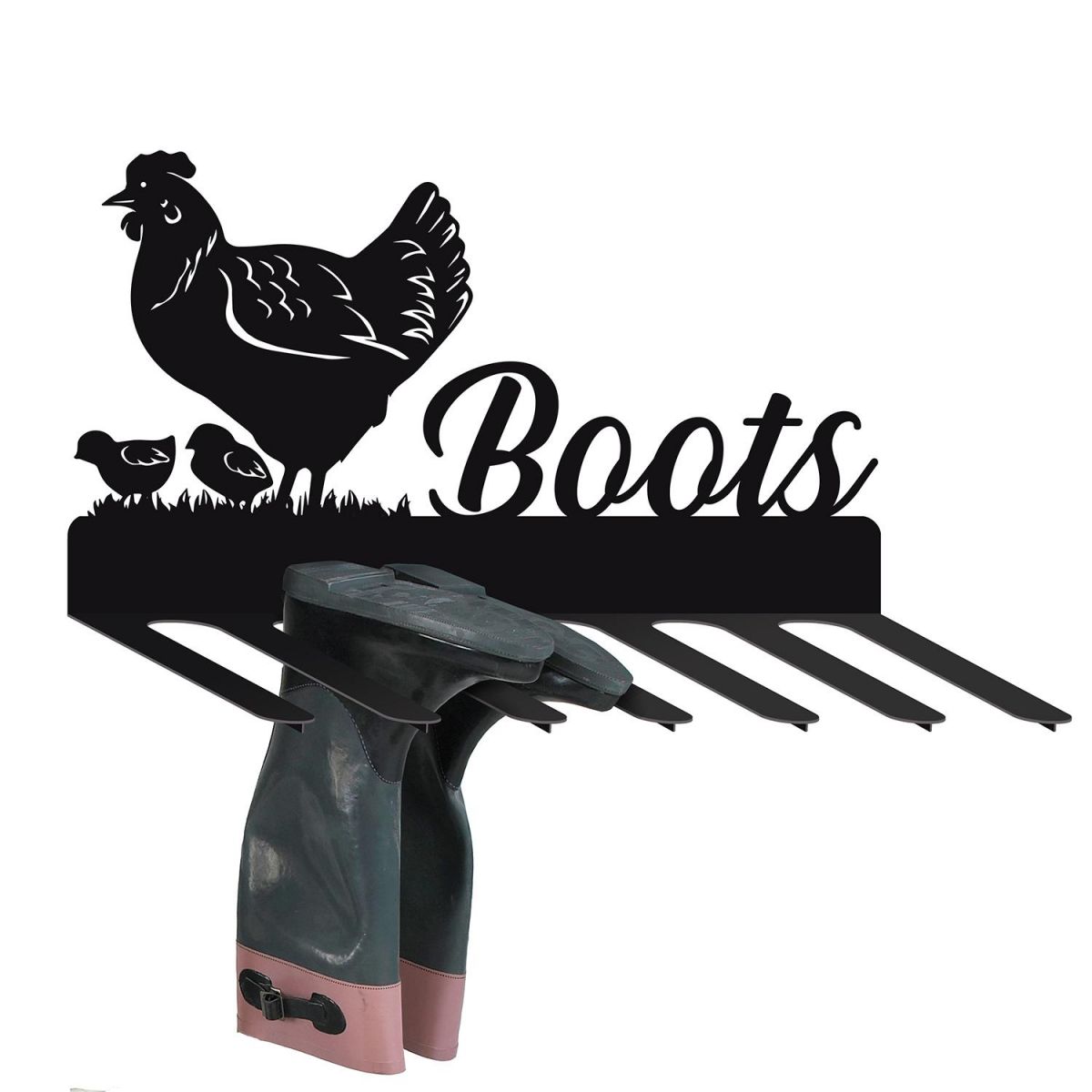 Wall Mounted Hen & Chicks Iron Boot Holder Finished in Black