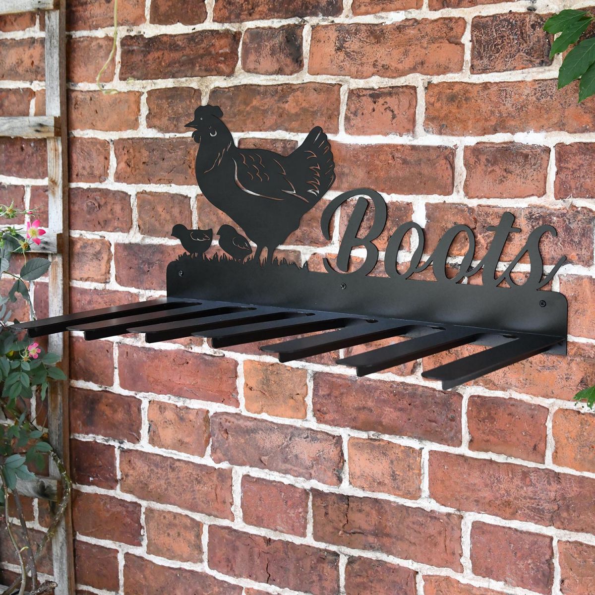 Wall Mounted Hen & Chicks Iron Boot Holder Mounted on a Brick Wall