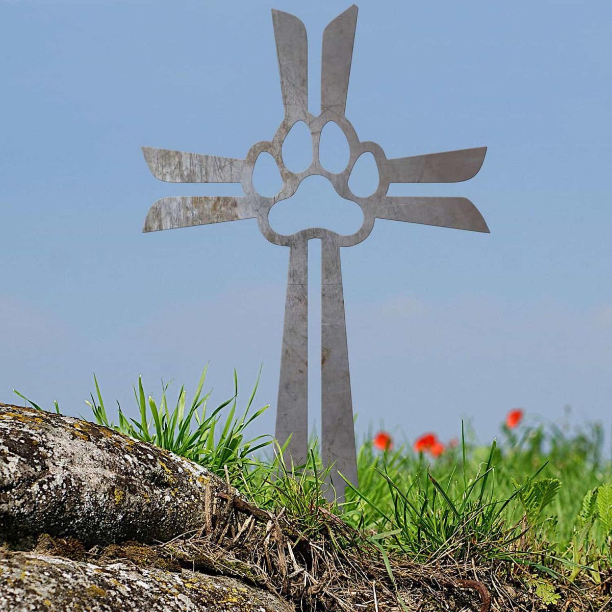 Unfinished Contemporary Paw Print on Cross Grave Marker Ground Spike in Situ Unfinished Contemporary Paw Print on Cross Grave Marker Ground Spike in Situ