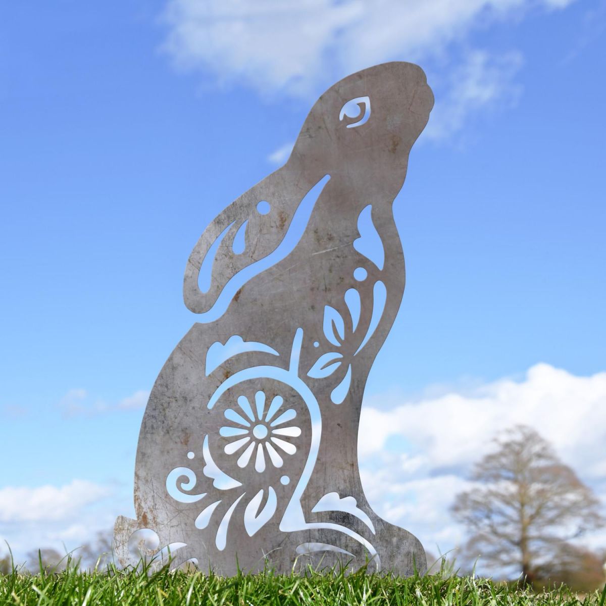 Unfinished Sheet Steel Silhouette with Gazing Hare "Floral Twist" Design in Situ Unfinished Sheet Steel Silhouette with Gazing Hare "Floral Twist" Design in Situ