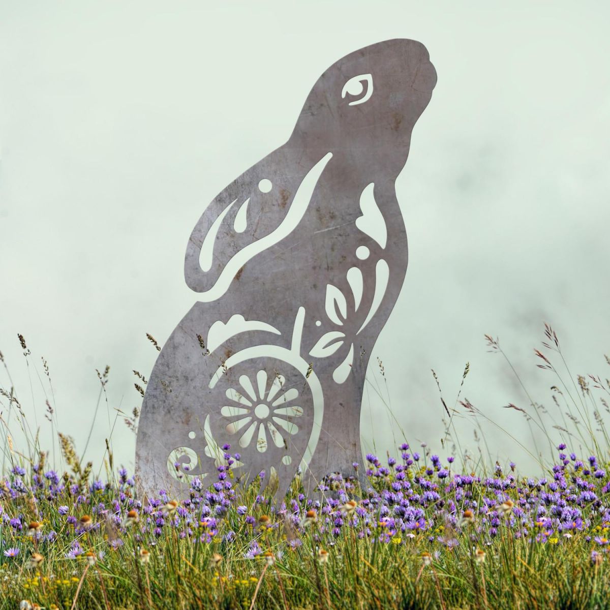 Gazing Hare "Floral Twist" Sheet Steel Silhouette in Natural Steel Finish Gazing Hare "Floral Twist" Sheet Steel Silhouette in Natural Steel Finish