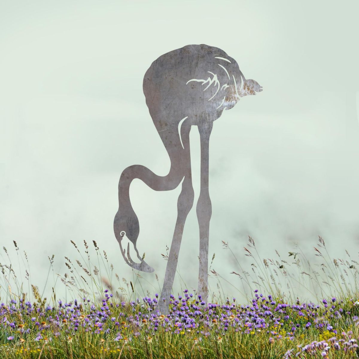 Natural Steel "Head Down" Flamingo Sheet Steel Silhouette in Situ