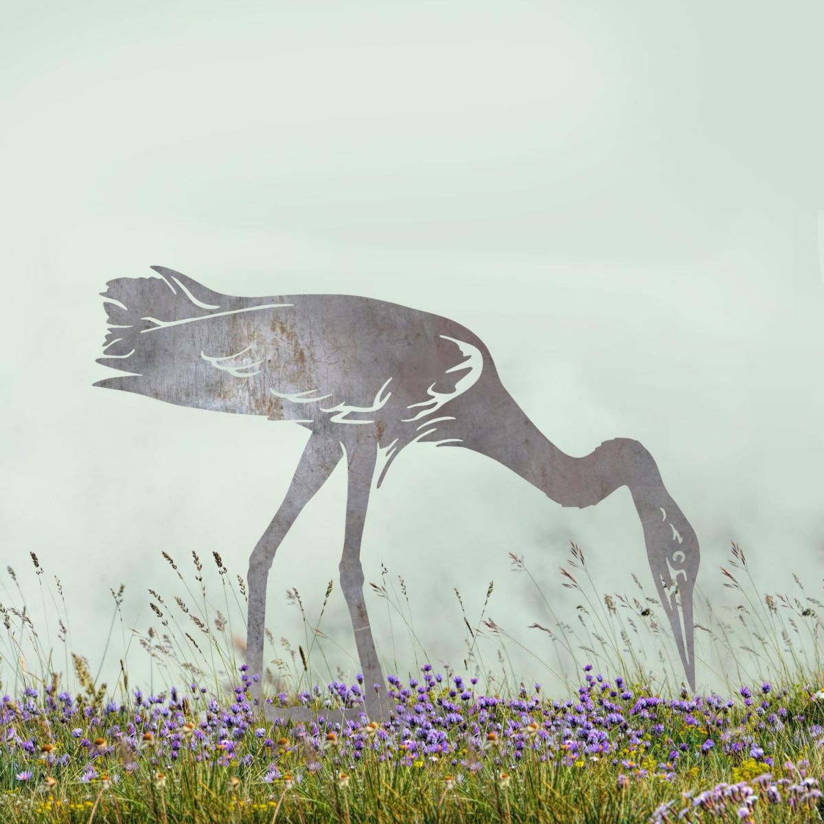 Unfinished Sheet Steel Silhouette with "Head Down" Heron Design