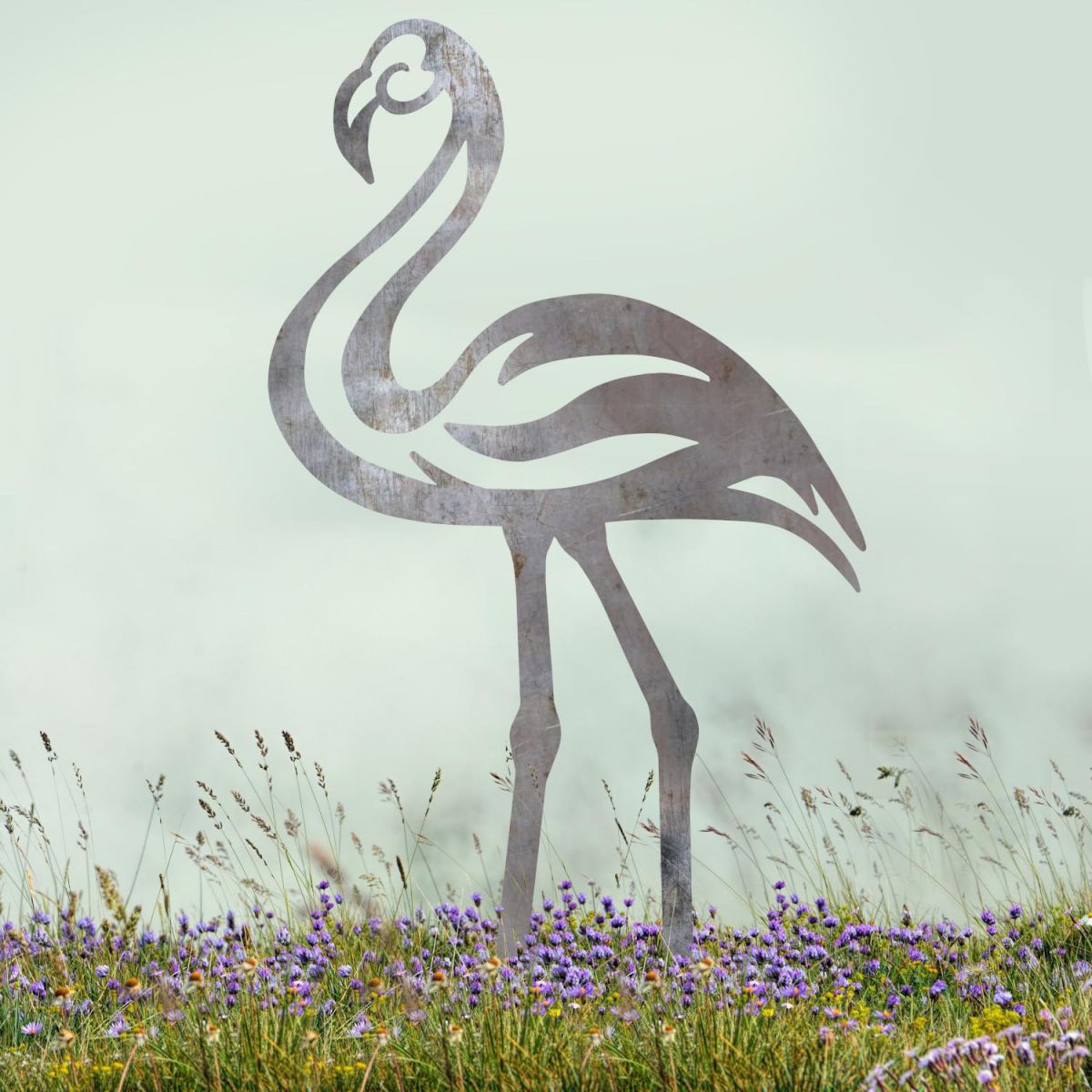Modern Sheet Steel Flamingo Silhouette in Natural Steel Finish in Situ