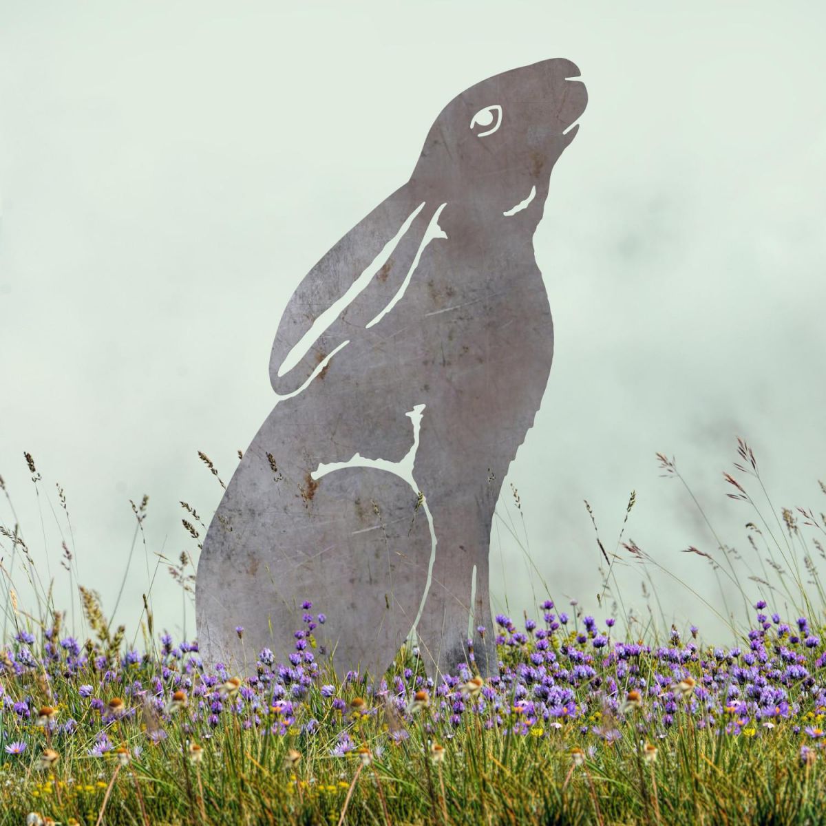 Moon Gazing Hare Sheet Steel Silhouette in Natural Steel Finish