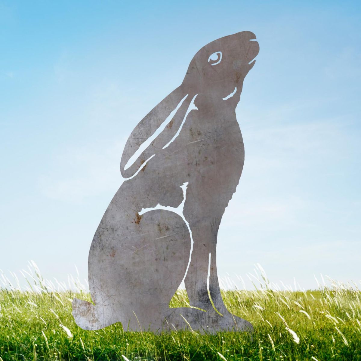 Unfinished Sheet Steel Silhouette with Moon Gazing Hare Design in Situ