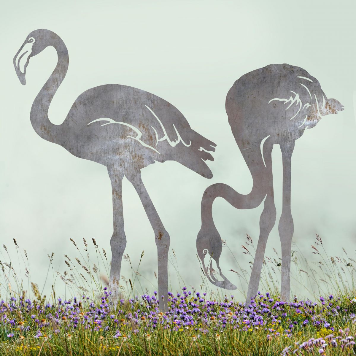 Pair of Flamingo"s Sheet Steel Silhouette in Natural Steel Finish in Situ