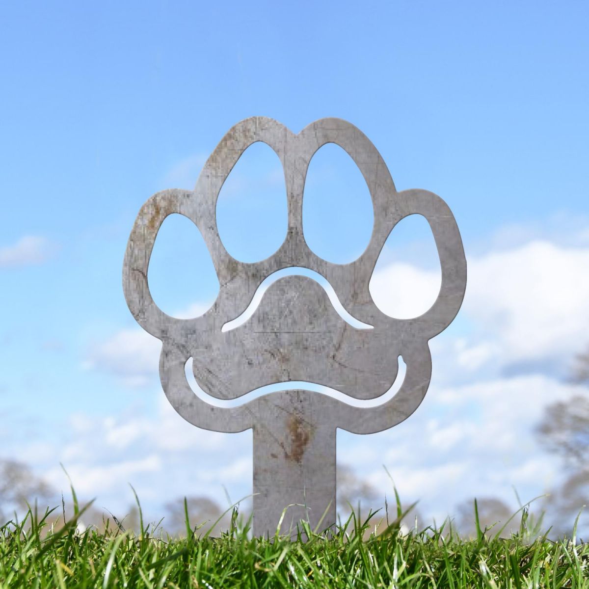Natural Steel Grave Marker Ground Spike with Paw Print Topper Natural Steel Grave Marker Ground Spike with Paw Print Topper