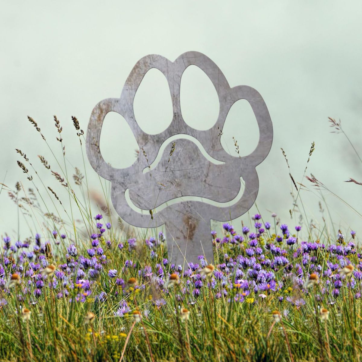Paw Print Grave Marker Ground Spike in Natural Steel Finish Paw Print Grave Marker Ground Spike in Natural Steel Finish