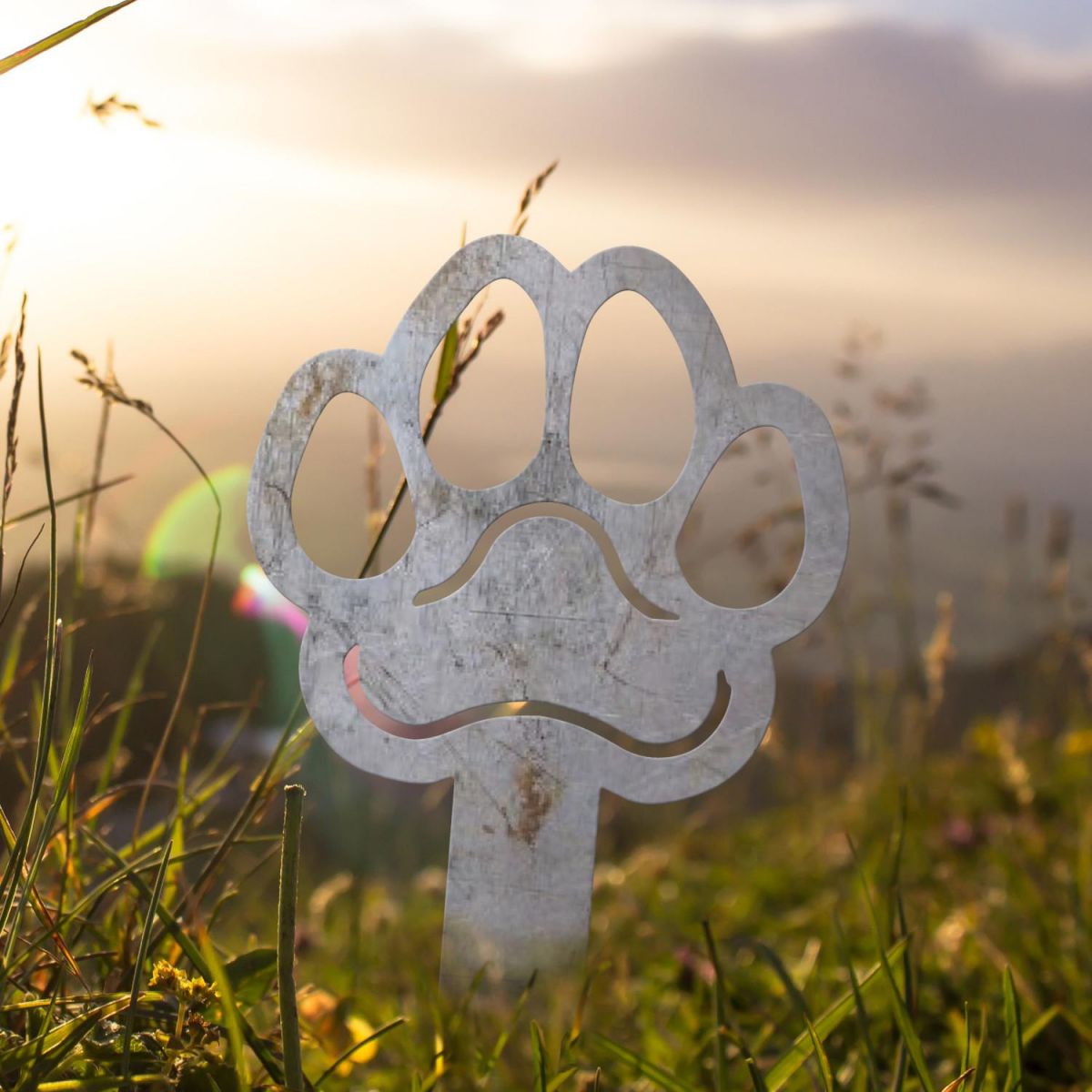 Paw Print Grave Marker Ground Spike in Natural Steel Finish in Situ Paw Print Grave Marker Ground Spike in Natural Steel Finish in Situ