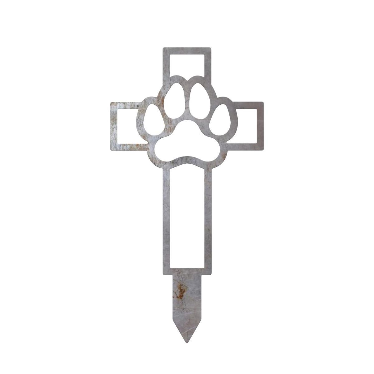 Close-Up of Natural Steel Paw Print on Cross Grave Marker Close-Up of Natural Steel Paw Print on Cross Grave Marker