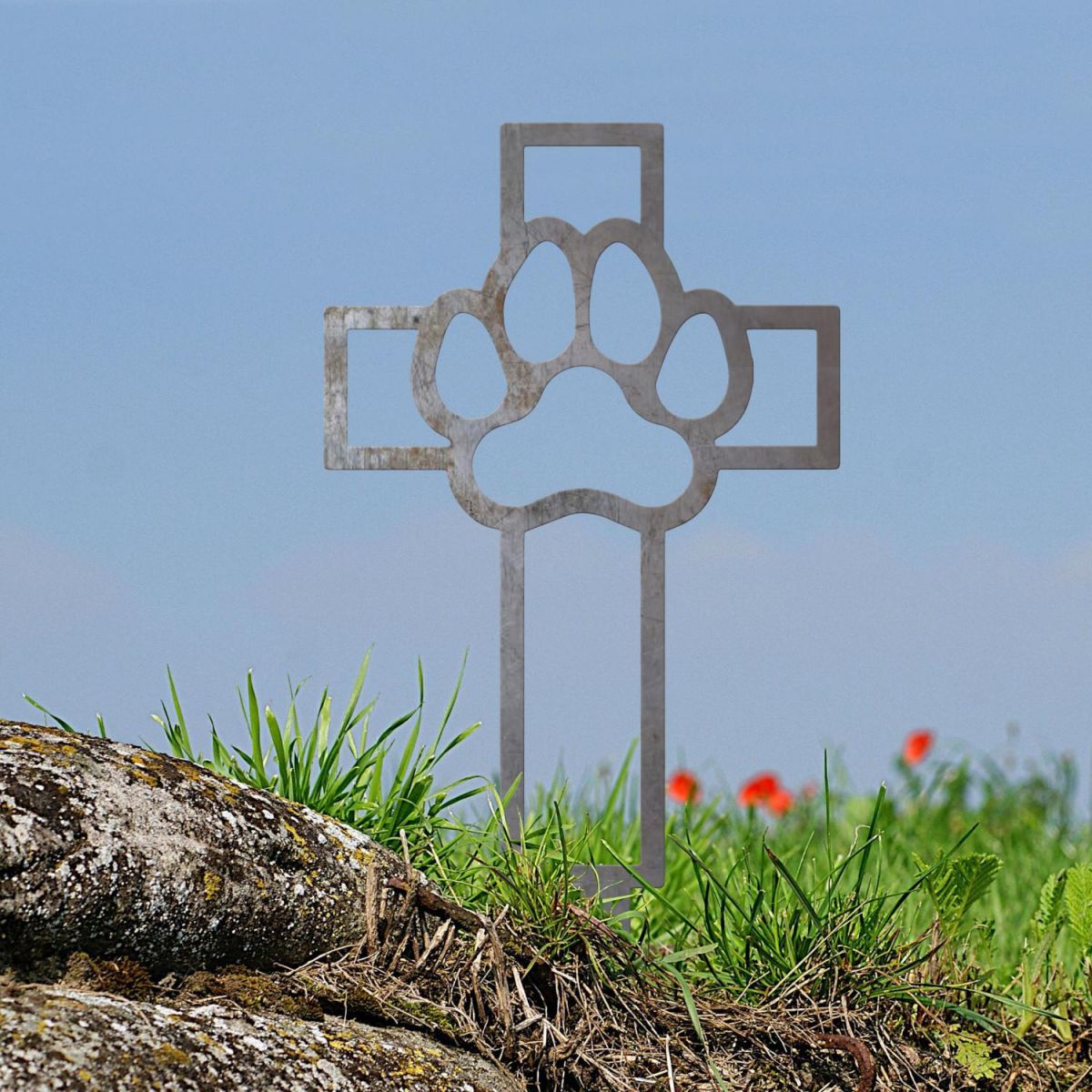 Unfinished Grave Marker Ground Spike with Paw Print on Cross Motif Unfinished Grave Marker Ground Spike with Paw Print on Cross Motif