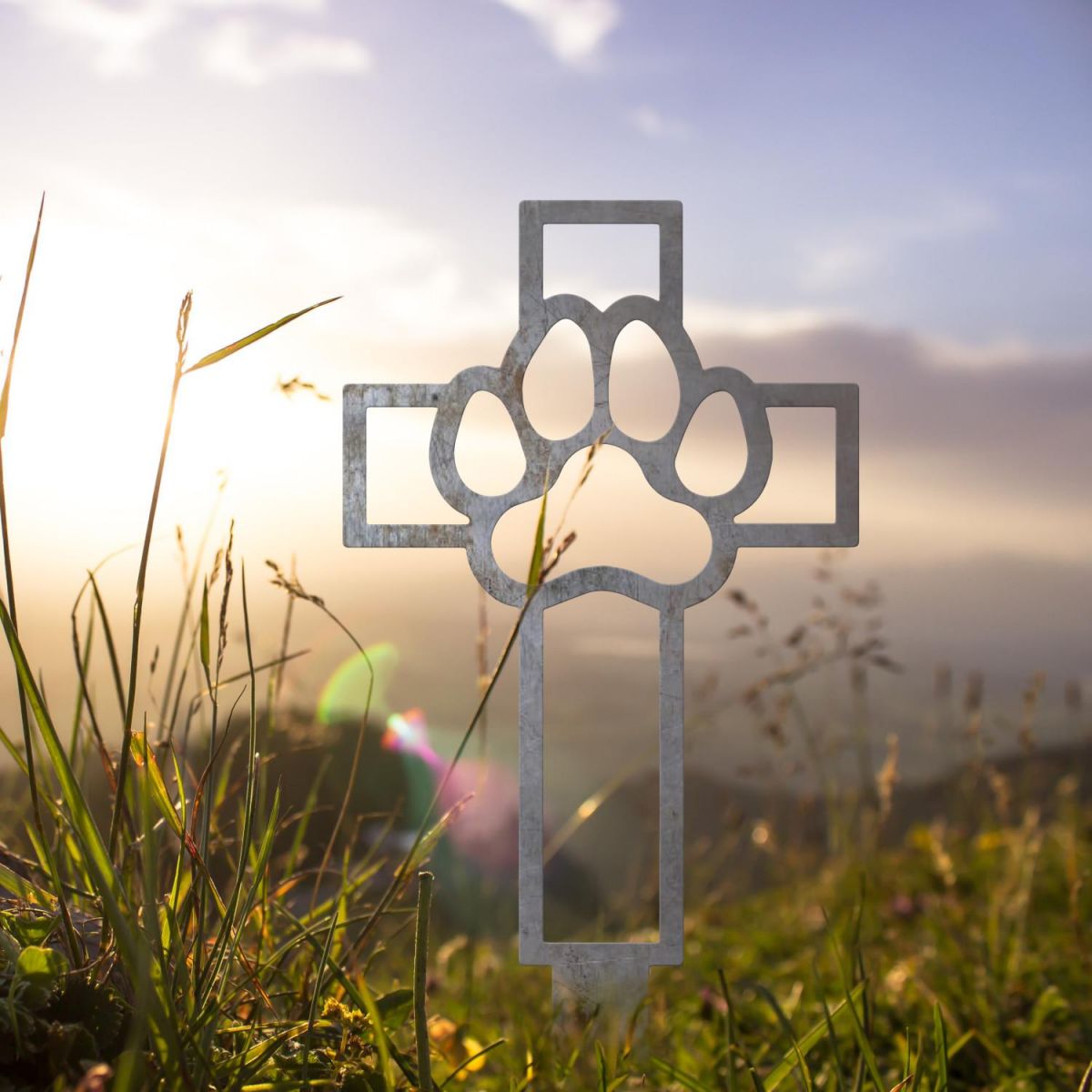 Unfinished Grave Marker Ground Spike with Paw Print on Cross Topper Unfinished Grave Marker Ground Spike with Paw Print on Cross Topper