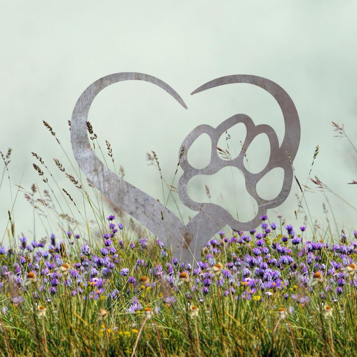 Paw Print on Heart Grave Marker Ground Spike in Natural Steel Finish Paw Print on Heart Grave Marker Ground Spike in Natural Steel Finish