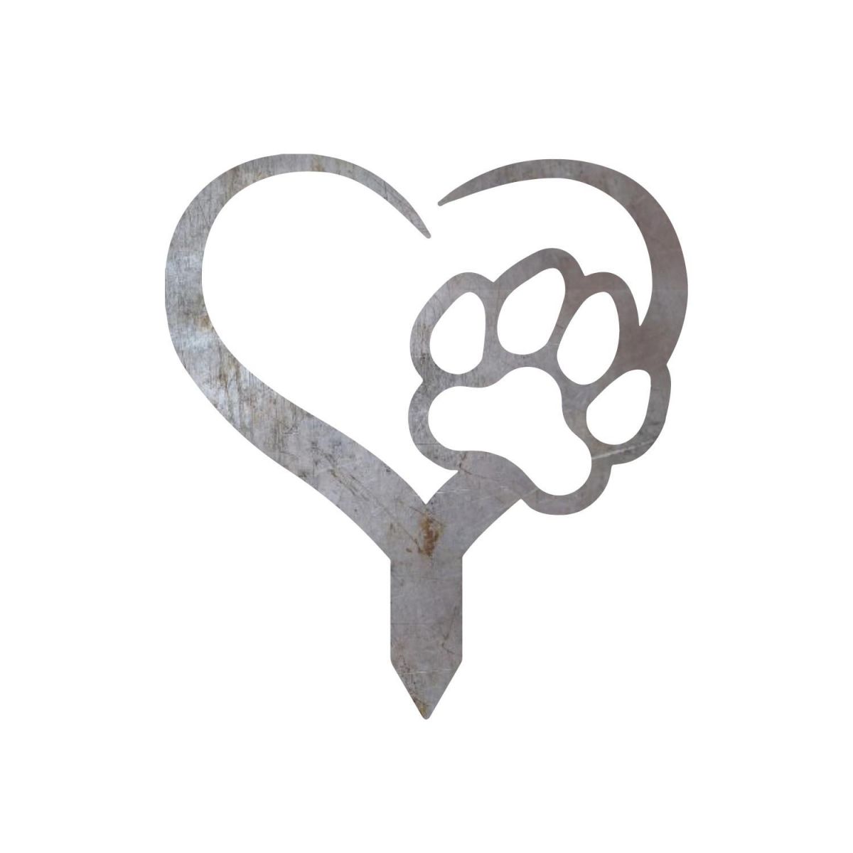 Close-Up of Natural Steel Paw Print on Heart Grave Marker Close-Up of Natural Steel Paw Print on Heart Grave Marker