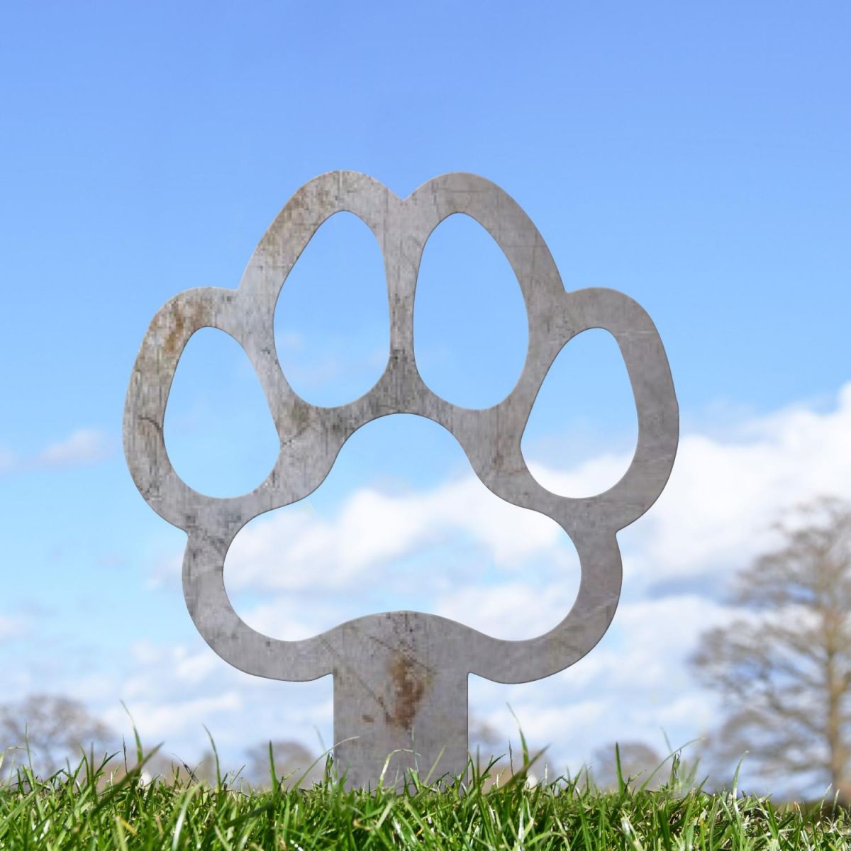 Paw Print "Outline" Grave Marker Ground Spike in Natural Steel Finish in Situ