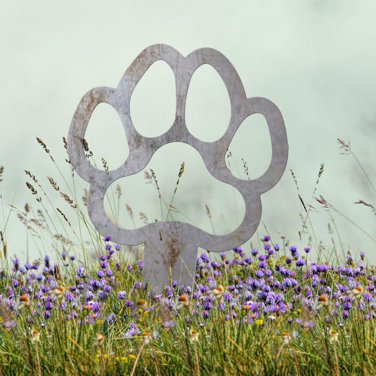 Paw Print "Outline" Grave Marker Ground Spike in Natural Steel Finish