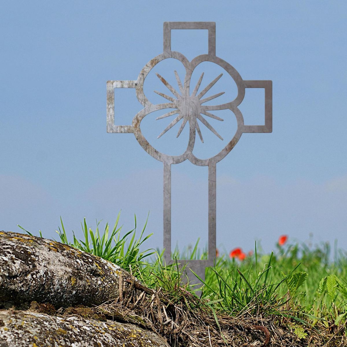 Poppy Cross "Remembrance" Ground Spike in Natural Steel Finish in Situ