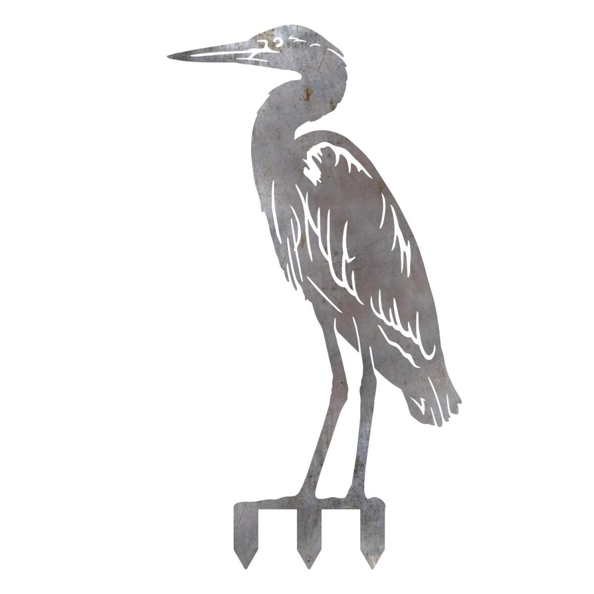 Standing Heron Sheet Steel Silhouette in Natural Steel Finish with Spikes