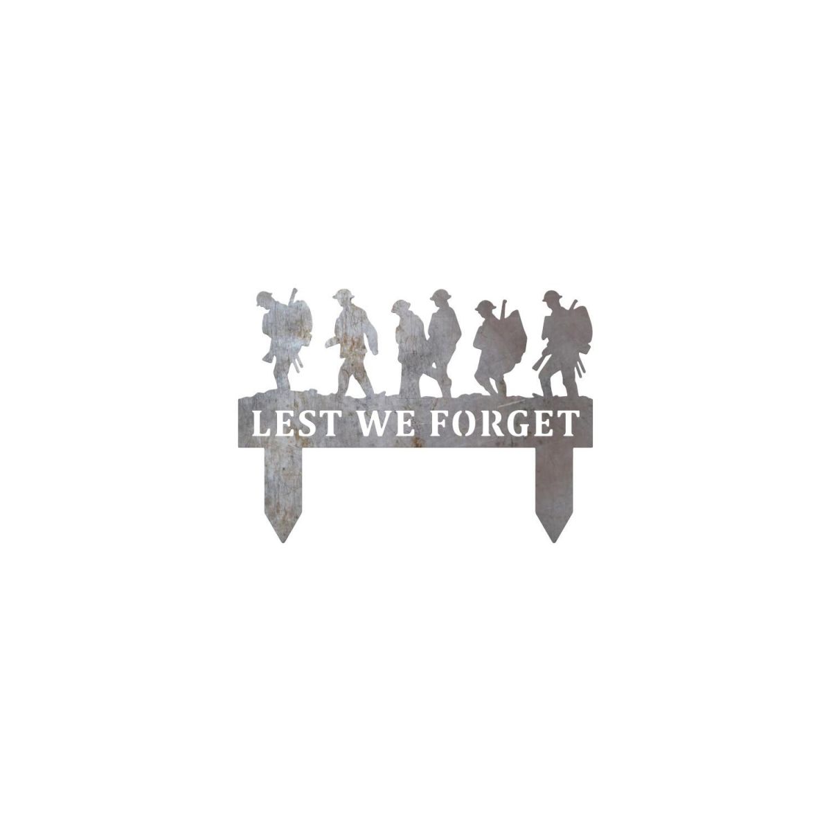 Unfinished Memorial Ground Spike with Walking Soldiers "Lest We Forget" Topper with Spikes Unfinished Memorial Ground Spike with Walking Soldiers "Lest We Forget" Topper with Spikes