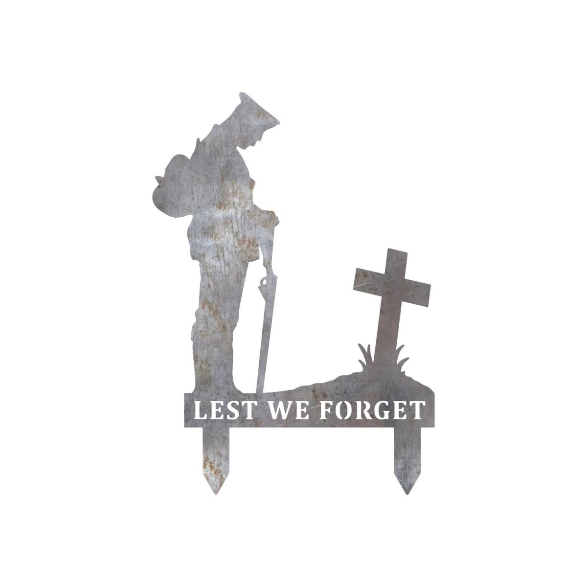 Natural Steel Memorial Ground Spike with WW2 Soldier "Lest We Forget" Topper with Spikes