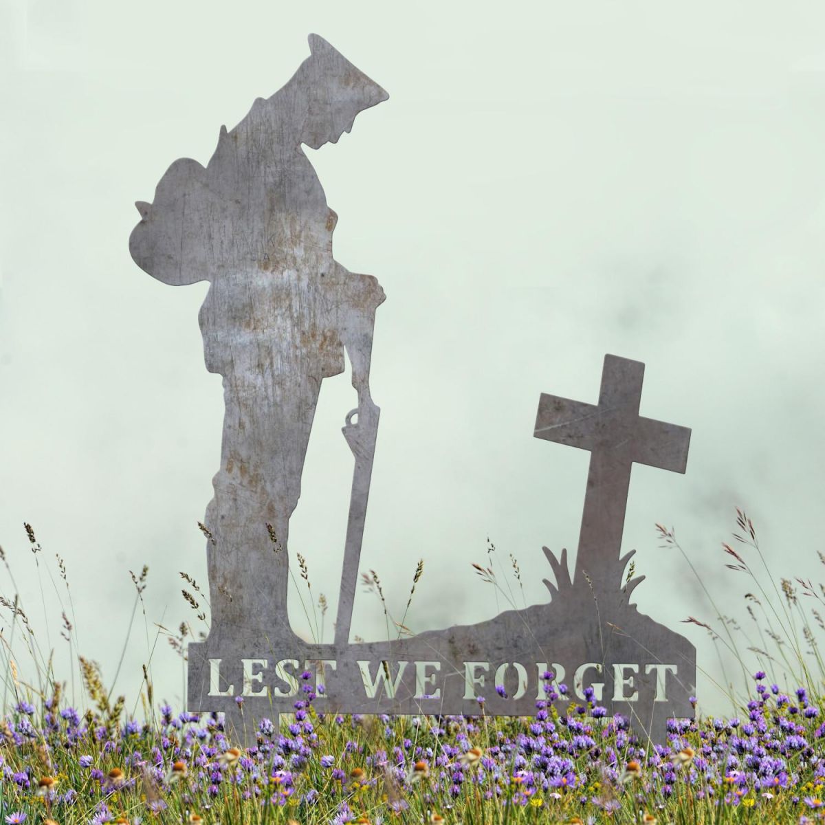 Natural Steel Memorial Ground Spike with WW2 Soldier "Lest We Forget" Topper