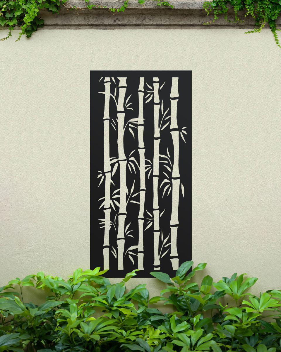 Black "Bamboo Garden Wall Art" on a cream garden wall amongst plants Black "Bamboo Garden Wall Art" on a cream garden wall amongst plants