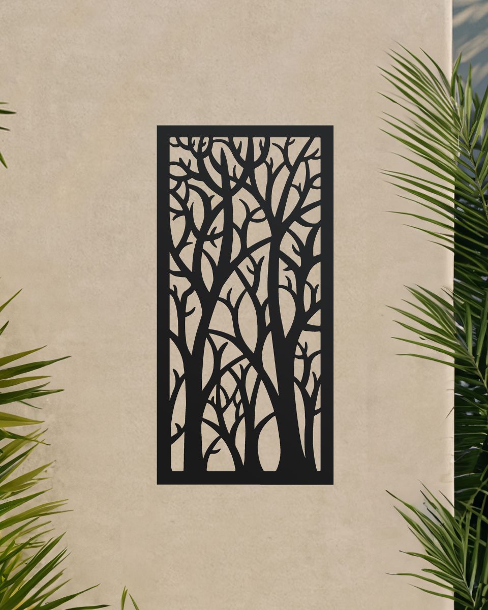 "Black Autumnal Trees Garden Wall Screen" mounted onto a cream garden wall